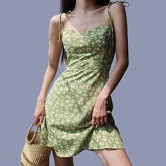 Daisy Flower Print Bandage Spaghetti Strap Lacing Up Sling Dress