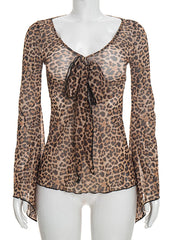 Mesh Print Tie Neck Long Sleeve Top