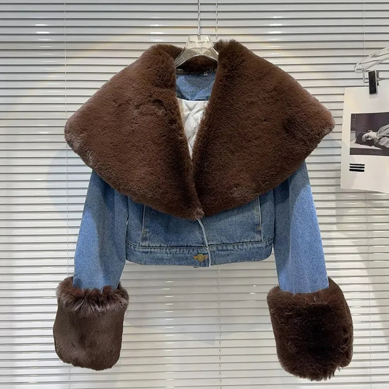 Blue denim jacket with oversized faux fur collar and cuffs