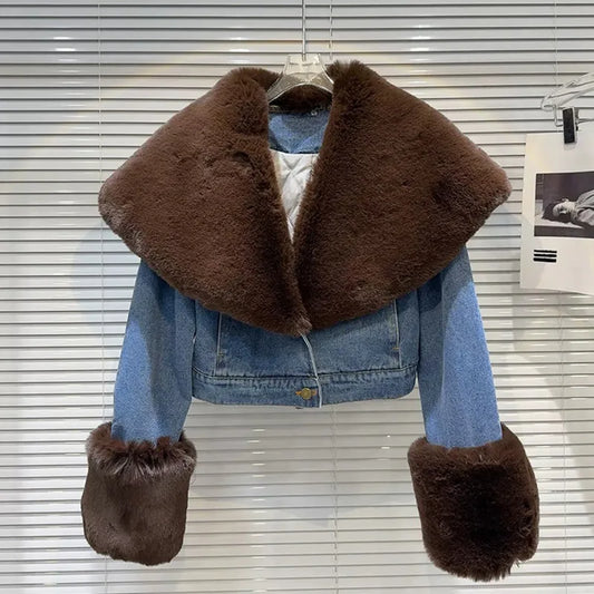 Blue denim jacket with oversized faux fur collar and cuffs