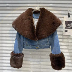 Blue denim jacket with oversized faux fur collar and cuffs