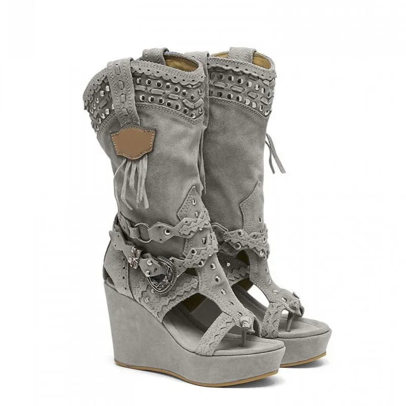 Gray studded tassel wedge boots with open toe