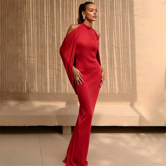 Mock Neck Cape Draped Open Back Maxi Dress