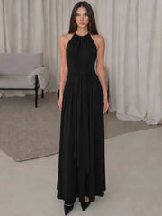 High Neck Sleeveless Ruched Waist Draped Long Dress