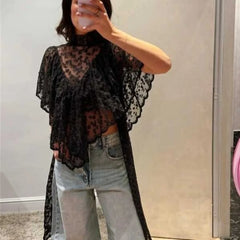 Floral Lace Mock Neck Asymmetrical Hem Top