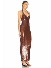 Woman wearing a brown sequin dress 