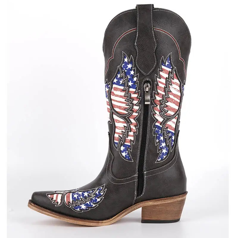 Black embroidered wing western boots with pointed toe and side zipper