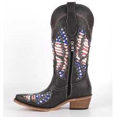 Black embroidered wing western boots with pointed toe and side zipper