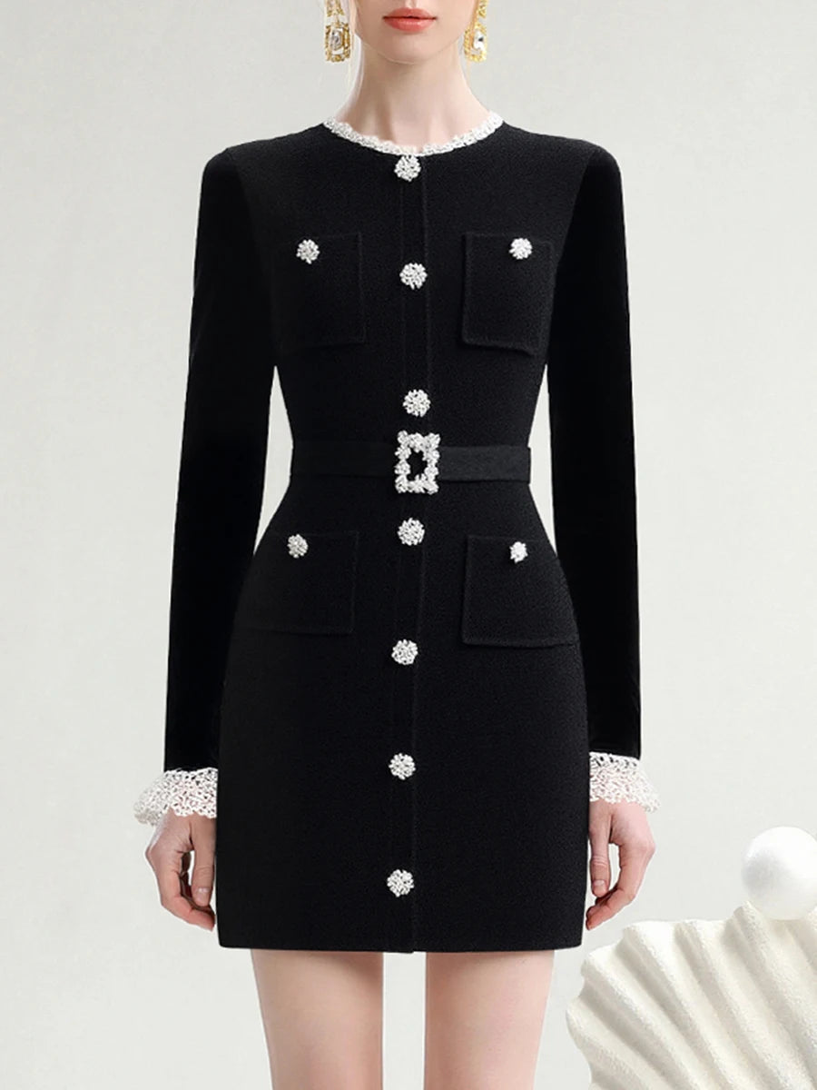 Long sleeve mini dress with diamond buttons and lace cuffs