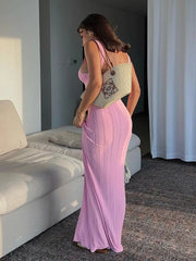 Pink Knit Ribbed Open Back Solid Long Dress 