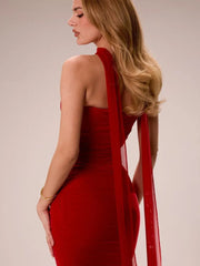 Red Corset Crop Top And Bodycon Maxi Skirt With Scarf Set