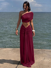 One-shoulder ruched crop top and draped maxi skirt set