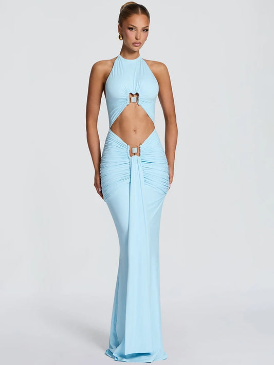 Light blue cutout halter maxi dress with metal lock detail