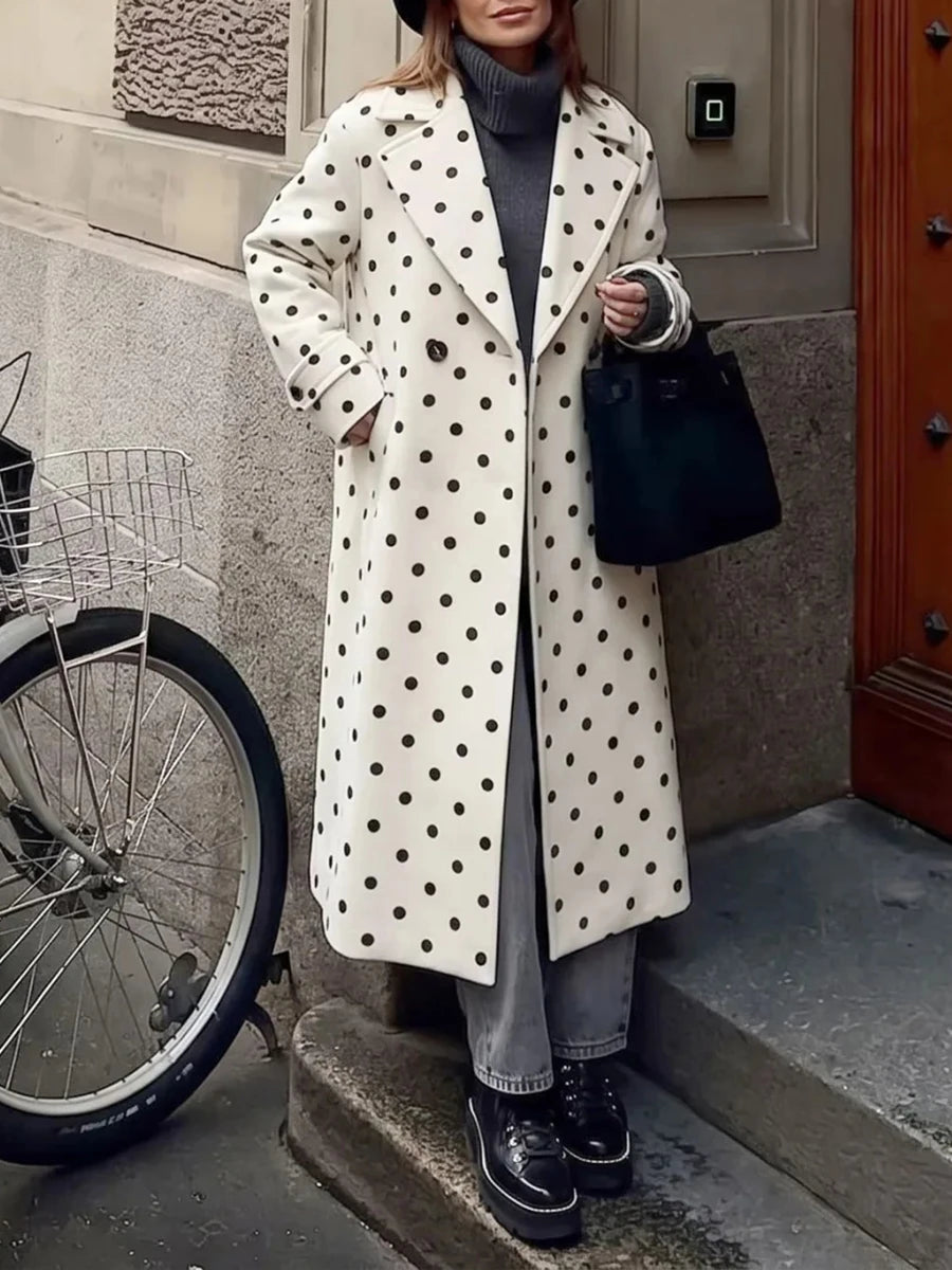 Polka dot lapel collar coat on model
