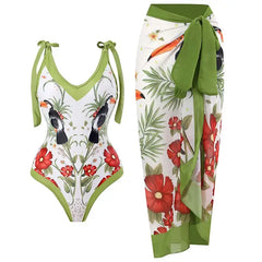 Tie-Strap V-Neck One-Piece Swimsuit with Matching Sarong Set