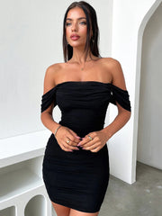 Women’s off-shoulder mini dress with ruched backless bodycon design.