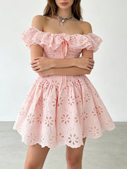 Off-the-Shoulder Ruffled Eyelet Mini Dress