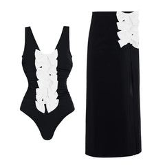 Strapless Swimsuit and High-Waist Maxi Skirt Set with Floral Appliqu��s