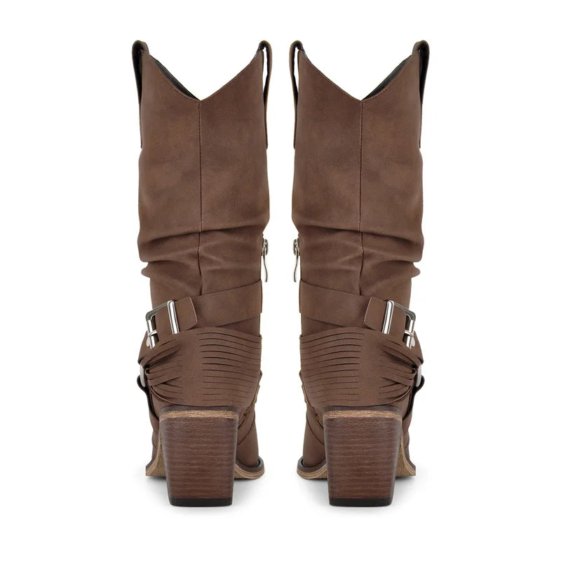 Back view of faux suede western boots with buckle detail