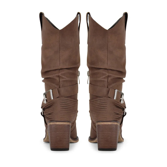 Back view of faux suede western boots with buckle detail