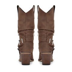 Back view of faux suede western boots with buckle detail