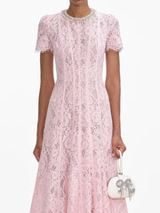 Pink lace dress worn by a model on a white background