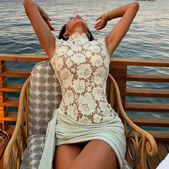 Lace Mock Neck Short Sleeve Dress