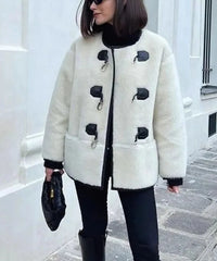 Women Plush Horn Button Thick Jacket