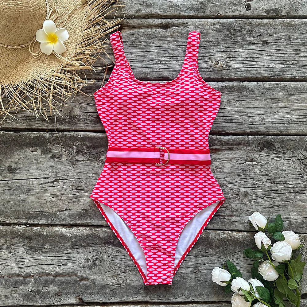 Geometric print one-piece swimsuit laid flat