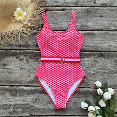 Geometric print one-piece swimsuit laid flat