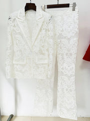 Sequin Embroidered Lace Blazer and Flare Pants Set