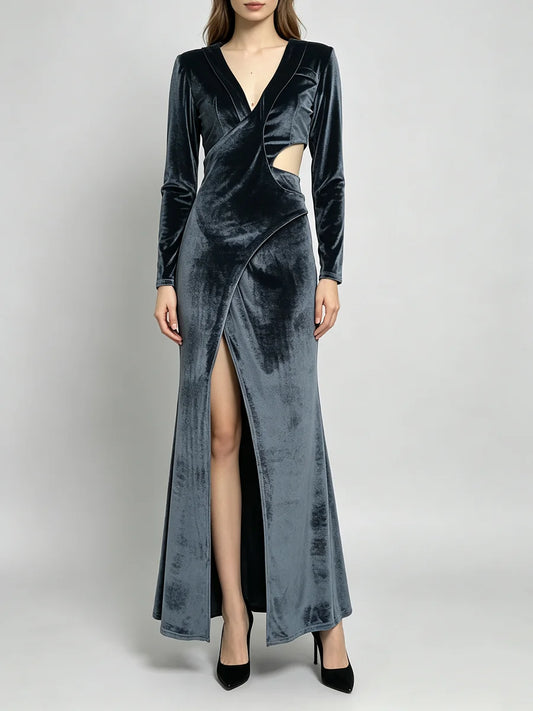 Velvet V-neck maxi dress with cut-out detail and high slit.