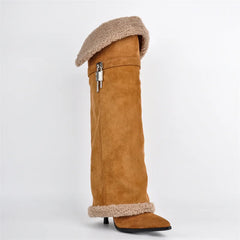 Pointed toe fold over knee high boots with stiletto heel and plush trim