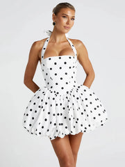 White Halter Balloon Print Polka Dot Mini Dress