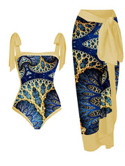 V-Neck Tie-Strap Swimsuit and Wrap Skirt Set