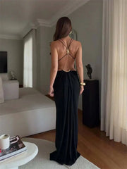 Halter Deep Neck Draped Cut Out Maxi Dress
