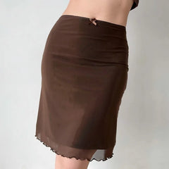 Brown mesh ruffle hem mini skirt side view