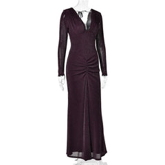 Sequin V-neck Ruched Detail Long Sleeve Maxi Dress