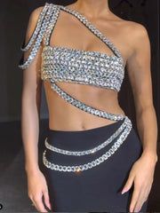Black Crystal One Shoulder Top & Long Skirt Two-Piece Set