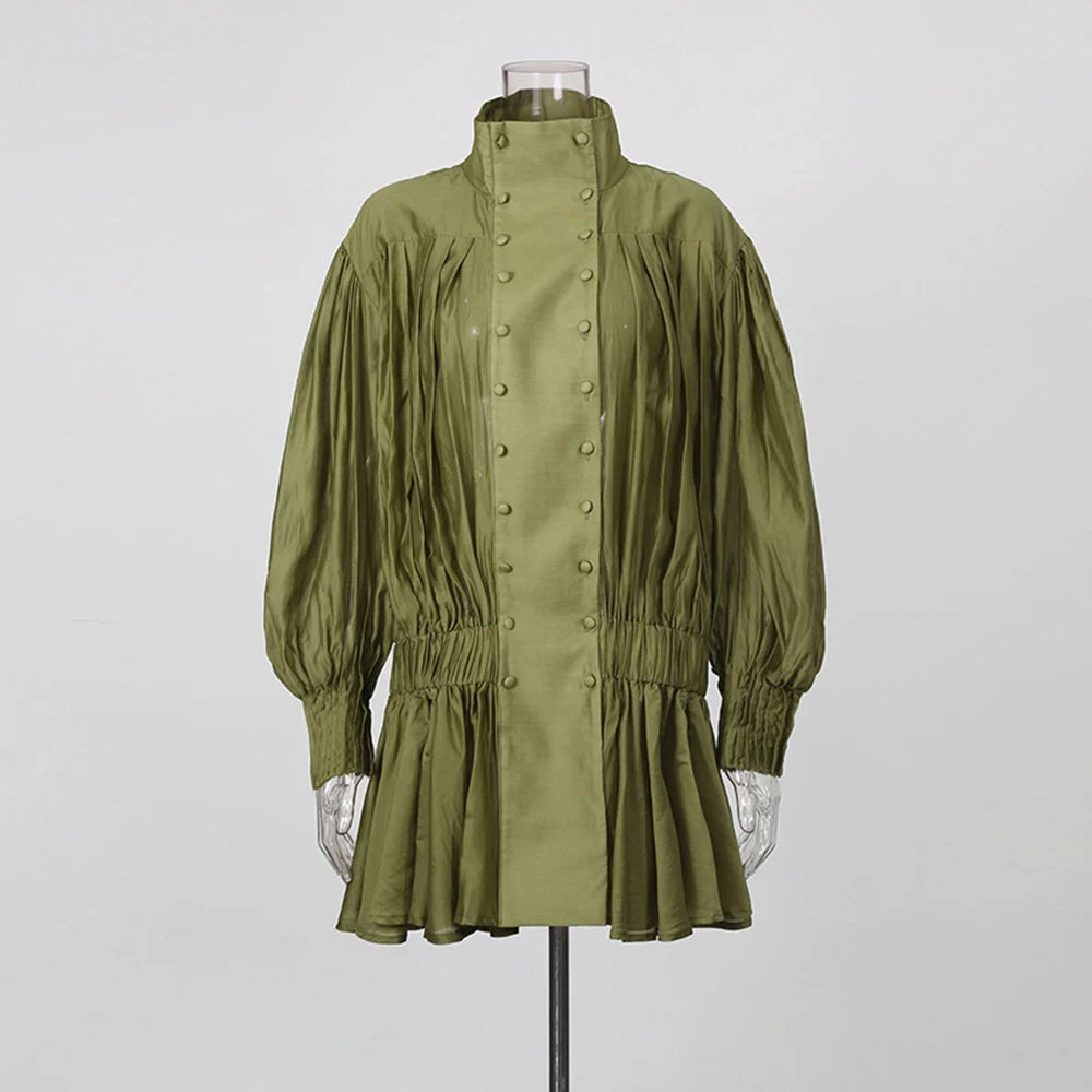 Olive green lantern sleeve mini dress on mannequin front view