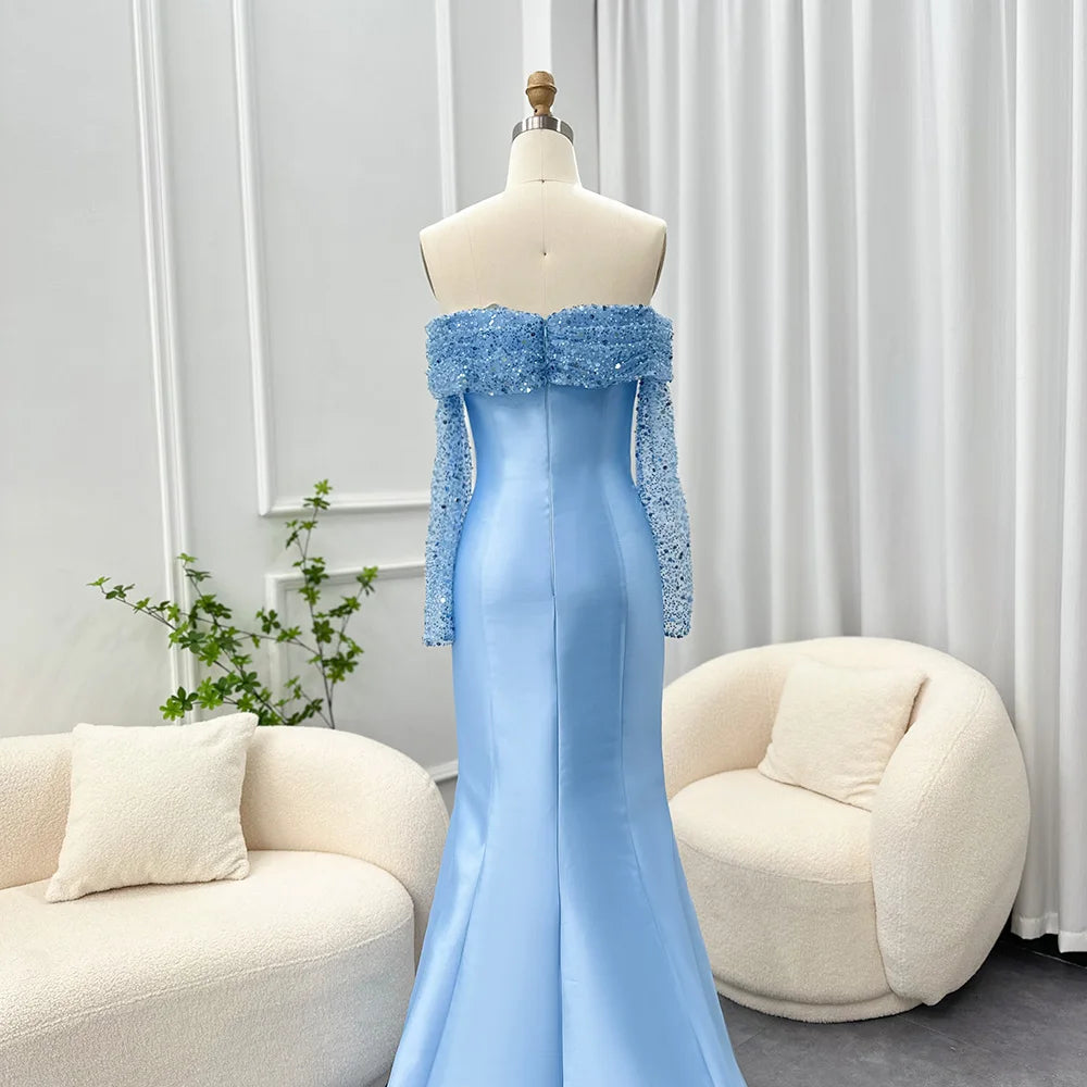 Light blue evening gown on a mannequin against a neutral background