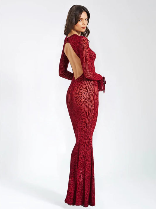 Red Mesh Long Sleeved Printed Open Back Maxi Dress