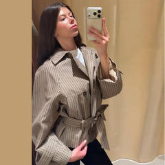 Plaid Belted Cropped Trench Coat