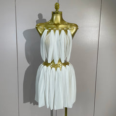 White halter neck mini dress with gold ring details