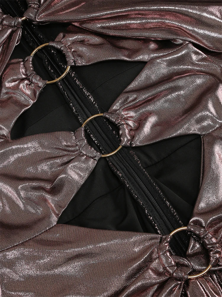 Close-up of a metallic drawstring bag with black interior