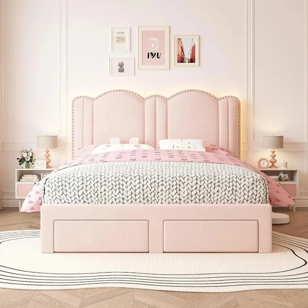Pink upholstered bed in a bedroom with matching headboard and nightstands.