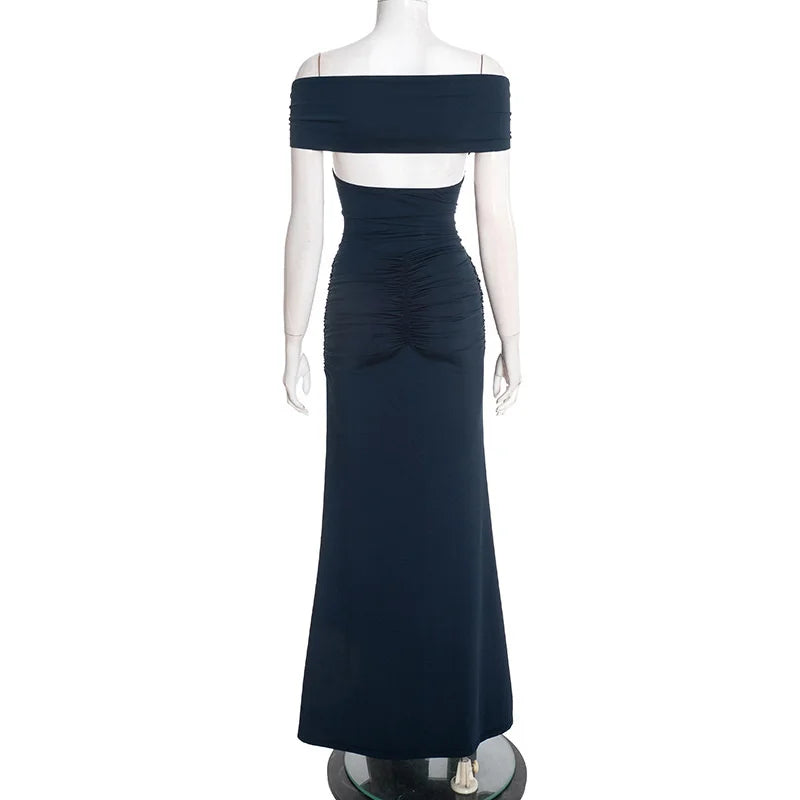 Navy off-shoulder gown on a mannequin against a white background