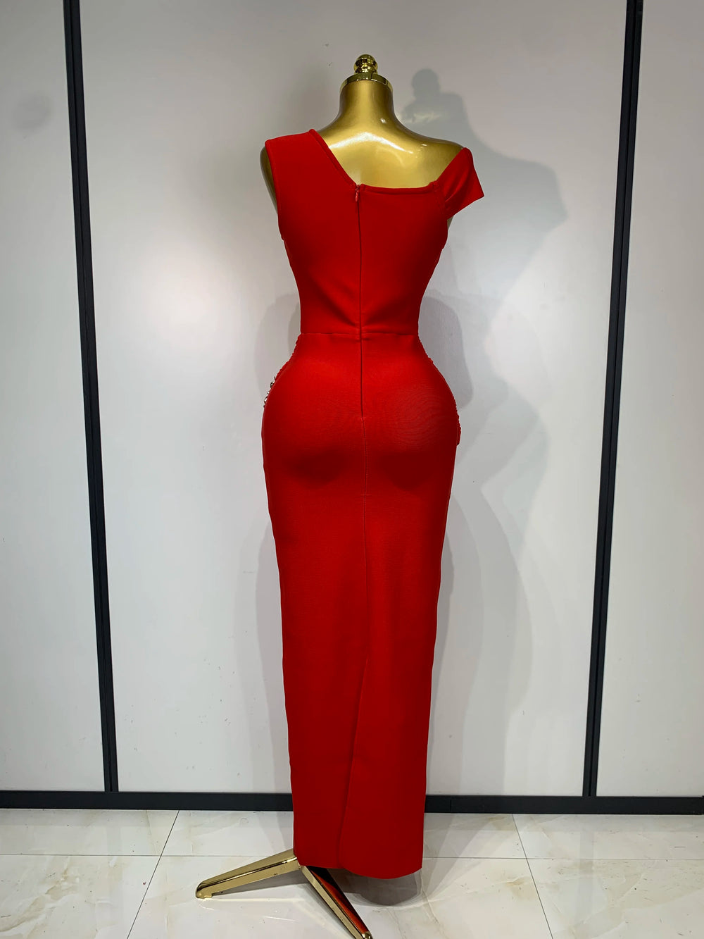 Red embellished one-shoulder dress back view