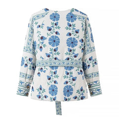 White Quilted Blue Flower Print  Jacket