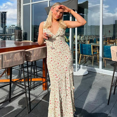 Floral Print Draped V Neck Maxi Dress